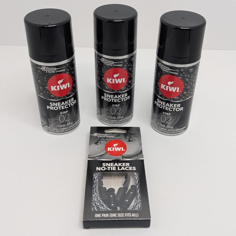 3 KIWI Sneaker Protector 4.25oz + No Tie Laces Water Dirt‎ Shield Shoe Care